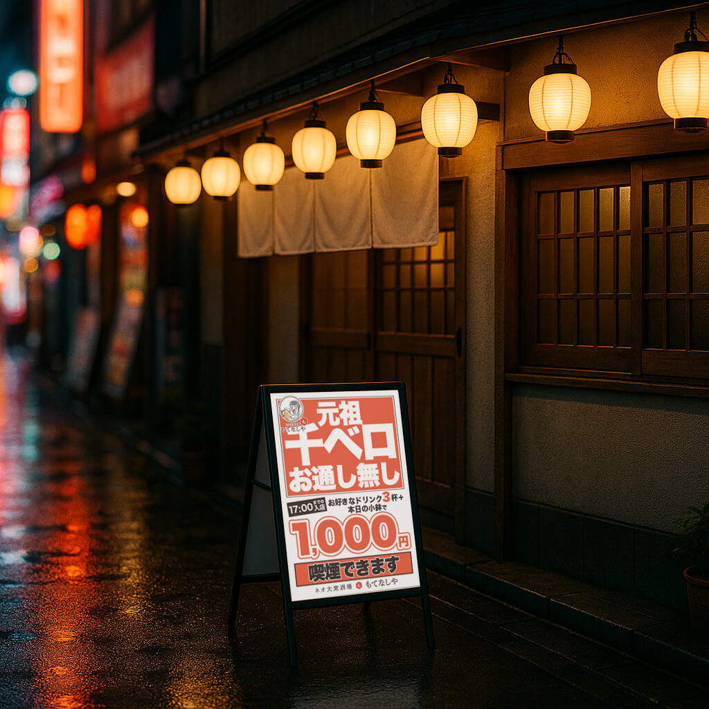 新宿の大衆居酒屋「もてなしや」さまのロゴ・ポスター・看板デザイン